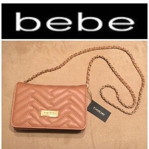 Bebe Tan Quilted Crossbody with Gold Chain